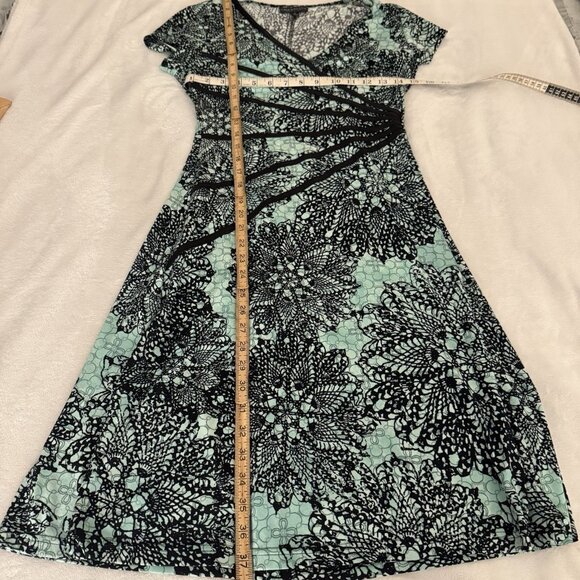 Connected Apparel Aqua/Teal Blue & Black Boho Midi Dress Size 4 Petite - Picture 6 of 7